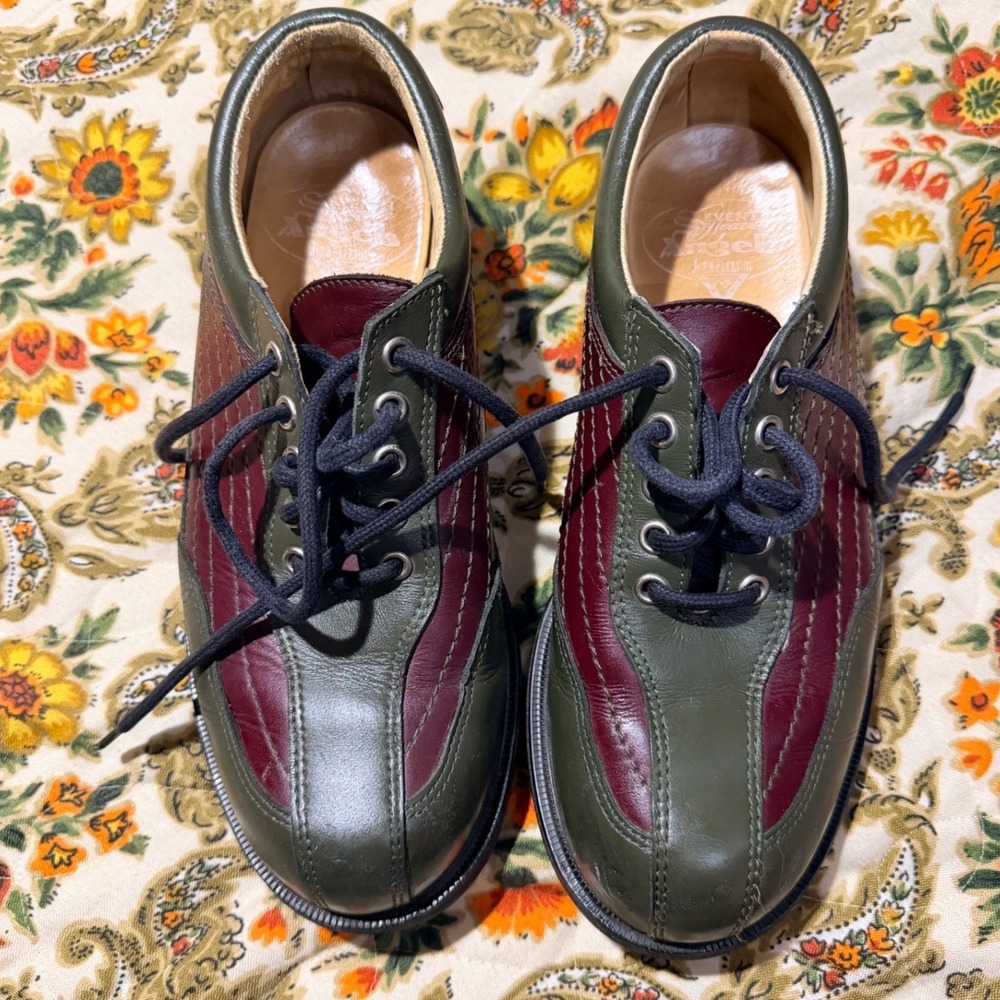 VTG John Fluevog Seventh Heaven Angels Green Burgundy Leather Bowling Shoes 8